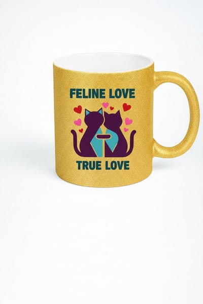 Katten Liefdes Mok Goud Glitter - Feline Love True Love - Romantisch Cadeau Kattenliefhebber - Valentijn Thee Koffie Beker