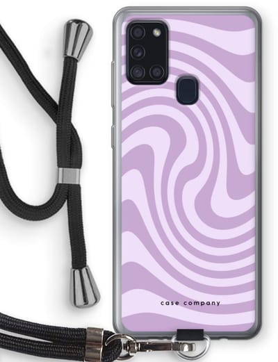 Case Company® - Hoesje met koord geschikt voor Samsung Galaxy A21s hoesje met Koord - Swirl Paars - Telefoonhoesje met Zwart Koord - Bescherming aan alle Kanten en Over de Schermrand