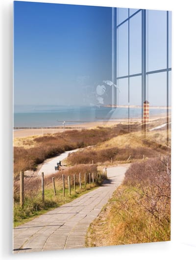 MuchoWow® Glasschilderij 120x160 cm - Schilderij acrylglas - Strand - Zee - Vuurtoren - Nederland - Foto op glas - Muurdecoratie woonkamer - Wanddecoratie slaapkamer - Schilderijen