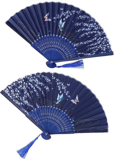 Dailygoods- Opvouwbare Waaier - 2 Stuks - Bamboe - Kersenbloesem/Vlinder - 37,5 x 21 cm - Decoratief - Handgemaakt - Handwaaier