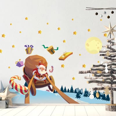Kerststicker: Kerstman op zoek naar cadeaus - Kerststickers - feestdecoraties - 70x105cm