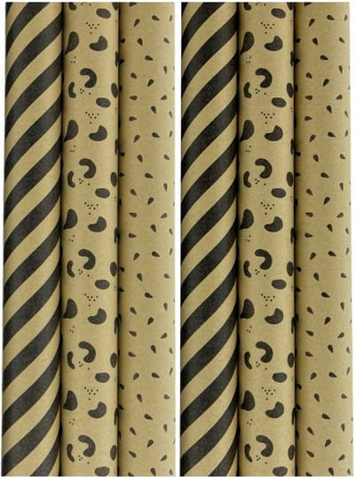 BRUINE PAREL assortiment 100% Recycled 70 Gr/m2 cadeaupapier inpakpapier met goudkleurig design - 70 cm x 2 meter - 6 rollen
