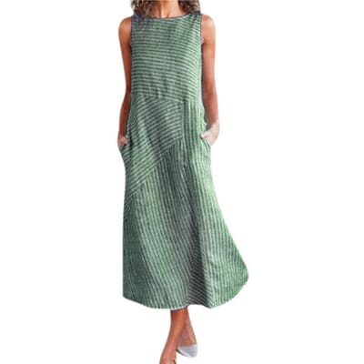 Zomer Zomerjurk Gestreept Print Mouwloos O-hals A-lijn met Zijzakken Losse Mid-kuitlengte Patchwork Casual Dagelijkse Kleding Midi XL groen