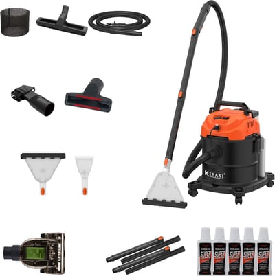 Kibani Nat/ Droogzuiger - Inclusief 5 flessen Reinigingsmiddel - Alleszuiger met Accessoires - met Sproeifunctie - 1600W - Tapijtreiniger - Inclusief Opzetstukken