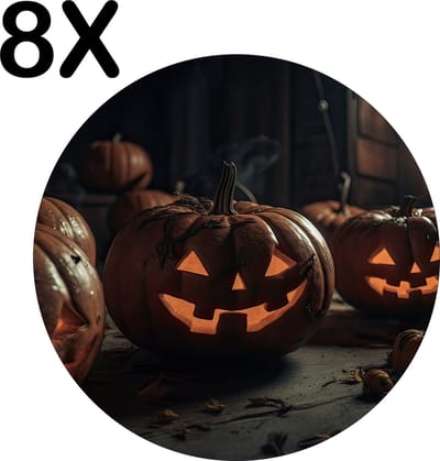 Luxe Ronde Placemat - Spooky Halloween Pompoenen - Set van 8 Placemats - 50x50 cm - 2 mm dik Vinyl - Anti Slip - Afneembaar