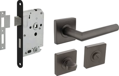 Intersteel Deurbeslag set toiletslot 63/8mm zwart met deurkruk Bastian vierkant en WC-sluiting antraciet grijs