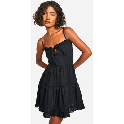 boohoo Dames Tall Textured Frill Smock Dress | Zwart | Maat: 36