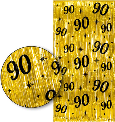 LUQ – 90 Jaar Franjes Gordijn – Goud & Zwart Tinsel Curtain 2x1 m – Luxe feestdecoratie voor verjaardag/birthday party.