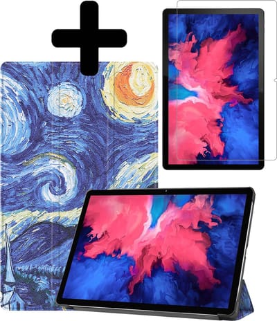 Hoes - Geschikt voor Lenovo Tab P11 - Met Screenprotector - Trifold Bookcase - Hard Cover - Hardcover Book Case - Tablet Hoesje - Sterrenhemel