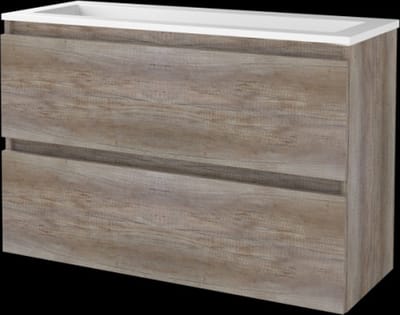 Basic Start 39 badmeubelset met greeploze wastafelonderkast met 2 lades en acryl wastafel zonder kraangaten 100 x 39 cm, scotch oak