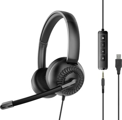 StayPowered USB Stereo Headset - Storingsvrije Gesprekken en Helder Geluid - USB & 3,5 mm Aansluiting - Lichtgewicht Ontwerp - Zachte Oorkussens - Kabelbediening - Verstelbare Hoofdband - Inclusief Opbergtas - Zwart - Levering Sneller dan Aangegeven!