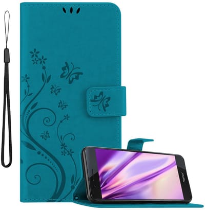 Cadorabo Hoesje geschikt voor Honor 8 / 8 PREMIUM in BLOEMEN BLAUW - Beschermhoes in bloemmotief met magnetische sluiting, standfunctie en kaartsleuven Book Case Cover Etui