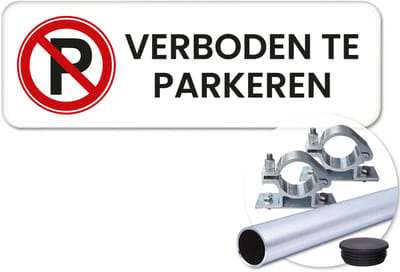 Verboden te parkeren bord - Weerbestendig Aluminium - 40x15 cm - Bevestiging: Met paal 120 cm + paalbeugels + paaldop