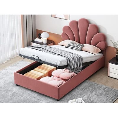 ModernLuxe Fluwelen gestoffeerd opbergbed - 90x200cm - Hoofdbord in de vorm van een bloem - met lattenbodem - Roze