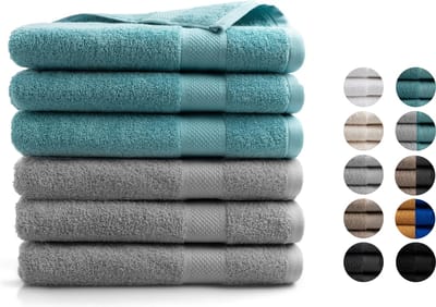 DoubleDry XL Handdoeken 70 x 140 - set van 6 - Hotel kwaliteit 500 g/m2 - 3x Denim & 3x Lichtgrijs