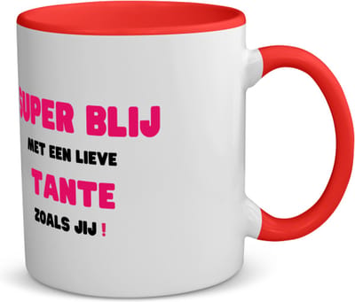 Akyol - super blij met een lieve tante zoals jij koffiemok - theemok - rood - Tante - de liefste tante - verjaardag - cadeautje voor tante - tante artikelen - kado - geschenk - 350 ML inhoud