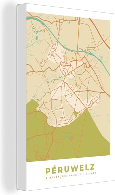 Canvas Schilderij Stadskaart - Retro - Péruwelz - Kaart - Plattegrond - 20x30 cm - Wanddecoratie