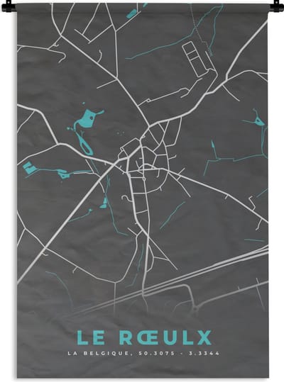 Wandkleed - Wanddoek - Plattegrond – Le Rœulx – Blauw – Stadskaart - Kaart - 120x180 cm - Wandtapijt