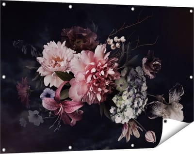 Gards Tuinposter Diverse Bloemen op Zwart Achtergrond - 120x80 cm - Tuindoek - Tuindecoratie - Wanddecoratie buiten - Tuinschilderij