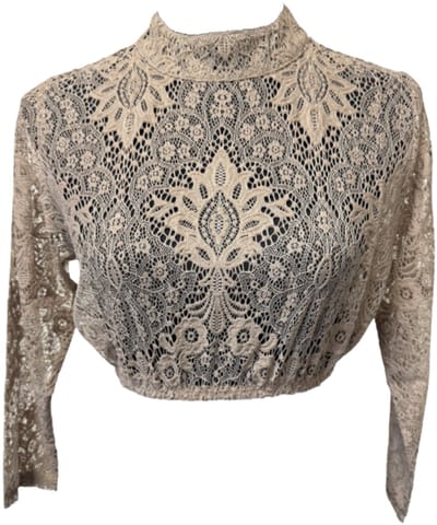 Dirndl Blouse Bloemmotief - Koffiecrème - Kant Hoge Hals - Dames - Maat XS
