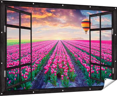 Gards Tuinposter Doorkijk Bloemenveld met Roze Tulpen - Luchtballon - 180x120 cm - Tuindoek - Tuindecoratie - Wanddecoratie buiten - Tuinschilderij