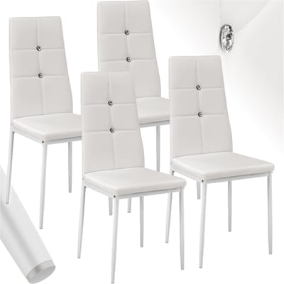 tectake® Moderne Stoelen - Set Stoelen met Kunstleren Bekleding en Strass-Steentjes - Geschikt als Keukenstoel, Eetkamerstoel of Gestoffeerde Stoel voor Woonkamer, Eettafel, Bar (Wit, set van 4)