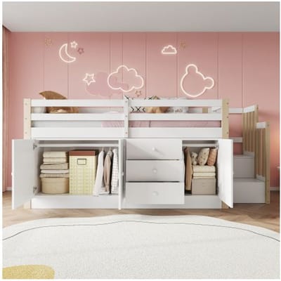 Verhoogd kinderbed met trap, met lades, met 2 opbergkasten en hangers, zonder matras, wit 90*200