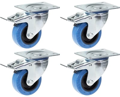 80 mm (3 inch) zwenkwiel met blauw rubber en rem, draagvermogen 560 kg, set van 4