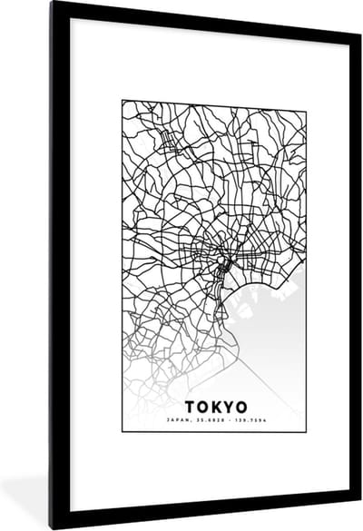 Fotolijst incl. Poster - Tokyo - Stadskaart - Zwart Wit - Plattegrond - Kaart - 60x90 cm - Posterlijst