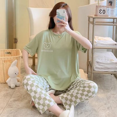 Pyjama Set voor Dames Korte Mouw Lange Broek Student Nachtkleding Cartoon Plus Size Ruitjes Broek Loungewear Tweedelige Set Meisje One size beige