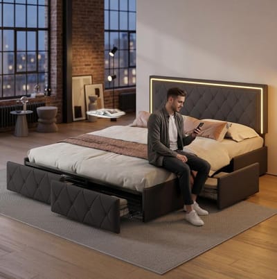 Tweepersoonsbed 140x200 Grijs PU – Met 4 Lades, Verstelbaar Hoofdbord & RGB LED – Opbergbed Gestoffeerd