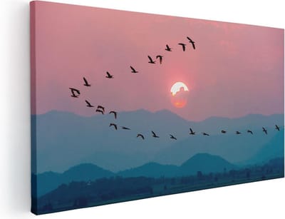 Artaza Canvas Schilderij Vogels - 40x20 cm - Klein - Wanddecoratie Zonsondergang - Muurdecoratie Vogels - Schilderijen Op Canvas Bergen