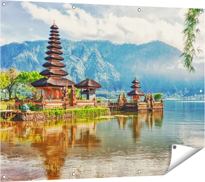 Gards Tuinposter Pura Tempel in Bali op het meer Beratan - 120x90 cm - Tuindoek - Tuindecoratie - Wanddecoratie buiten - Tuinschilderij