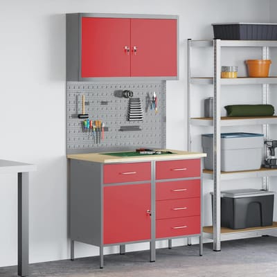 vidaXL - Werk - Cabinet - met - lade - 5 - st - Rood - Engineered - hout - en - staal