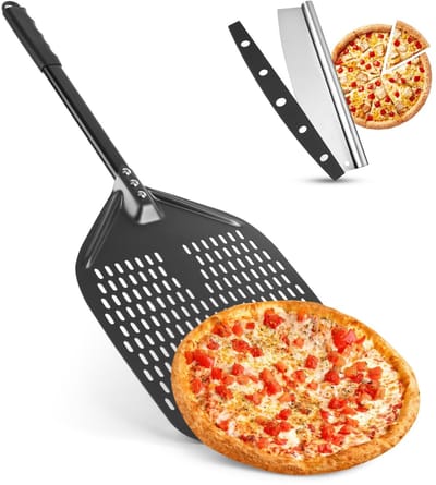 Dailygoods- Pizzaschep lange handgreep - Geperforeerde pizzaschep - Pizzaschep 30 cm - Grillaccessoire - Cadeau - Hard geanodiseerd aluminium - Pizzaschop