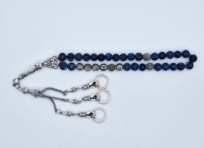 Handgemaakte naam tasbih 33 Kralen Natuursteen “Blauwe harmonie” - met metaal tassel “ Hand"- Met je naam of de naam van uw geliefde- 8 mm diameter van de korrel