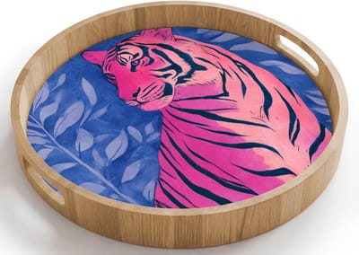 Dienblad rond 40x40 cm - Schootdienblad hout - Tijger - Roze - Bladeren - Jungle - Borrelplank rechthoek - Plateau houten dienbladen