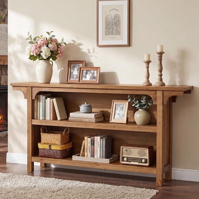 LITTLE TREE Consoletafel - Massief Houten Haltafel - Bruin - 160 x 30 x 84 cm - 3 Lagen Opberg - Voor Gang En Woonkamer