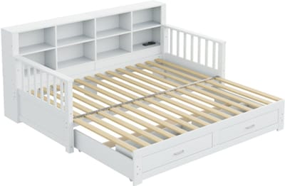 Gotagee Uitschuifbare slaapbank 90/180x190 cm, opbergkast met oplaadpunt in de zijarmleuning, met 2 lades en lattenbodem, multifunctioneel bed van grenenhout, wit