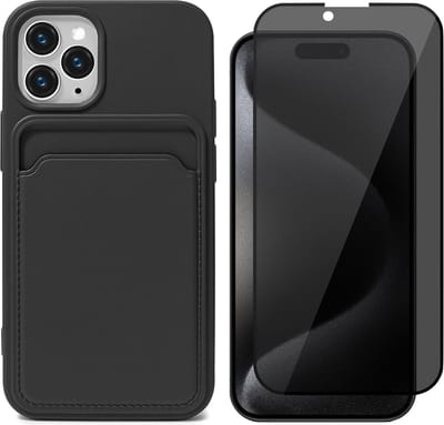 Hoesje Pasjeshouder geschikt voor iPhone 15 Pro - Privacy Screenprotector FullGuard - Siliconen Case Back Cover Zwart & Screen Protector