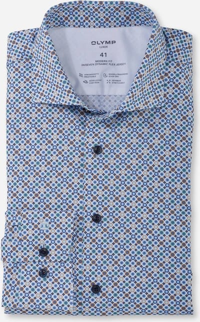 OLYMP 24/7 modern fit overhemd - tricot - blauw met beige en wit dessin - Strijkvriendelijk - Boordmaat: 41