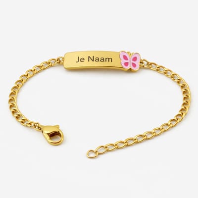 Armband met graveer, Armband met naam, Gepersonaliseerde kinderarmband met naamgravure en vlinder detail - goudkleurig, Armband met naamplaatje ,graveerarmband
