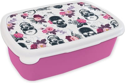 Broodtrommel Roze - Lunchbox - Brooddoos - Tieners - Skull - Roos - Patronen - 18x12x6 cm - Kinderen - Meisje
