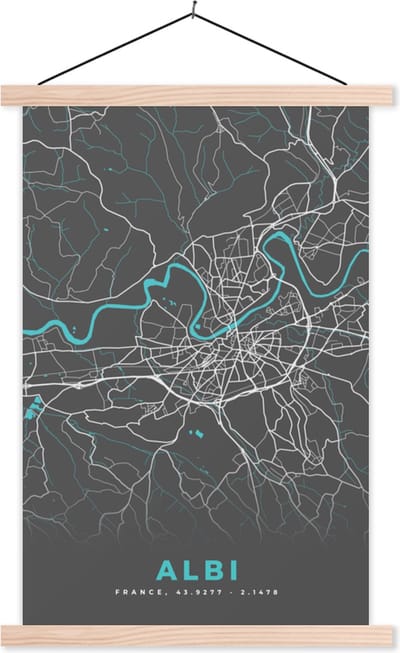 Posterhanger incl. Poster 40x60 cm - Schoolplaat - Albi - Frankrijk - Kaart - Plattegrond - Stadskaart - Textielposter - Blanke latten - Stadskaart