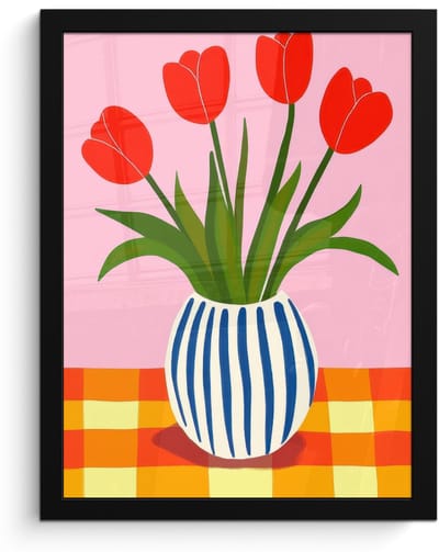 Poster in lijst - Fotolijst 30x40 cm - Posters - Tulpen - Roze - Vaas - Posterlijst zwart - Decoratie - Wanddecoratie woonkamer - Muurdecoratie slaapkamer