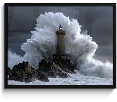 Poster in lijst - Fotolijst 80x60 cm - Posters - Golf - Vuurtoren - Schuimend water - Posterlijst zwart - Decoratie - Wanddecoratie woonkamer - Muurdecoratie slaapkamer