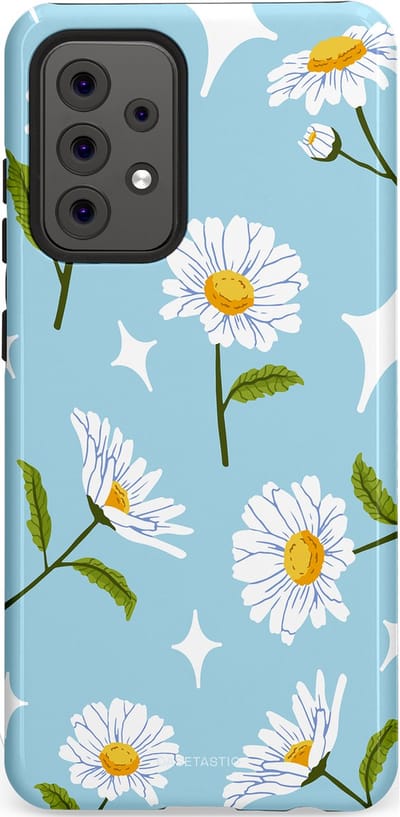 Casetastic hoesje geschikt voor Samsung Galaxy A52 (2021) 5G / Samsung Galaxy A52 (2021) 4G - Dubbellaagse bescherming - Margrietjes in de Wind - Fashion Case - Lichtblauw Wit Groen
