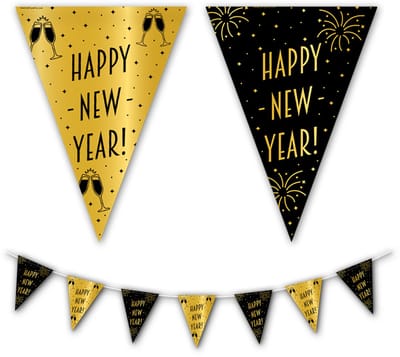 BTH - Slingers - Happy New Year - Goud en Zwart - Slinger Verjaardag - Vlaggenlijn - Slinger - Nieuw Jaar - Oud en Nieuw