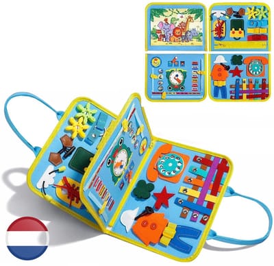 Montessori Activiteiten Boek - Nederlands - Busy Board - Perfect voor op Vakantie - Klok lezen - Motoriek Map voor Thuis en Onderweg - Leren Veter Strikken - Activiteitenboek - Vaardigheden Kinderen - Educatief Spel - Dinosaurus blauw