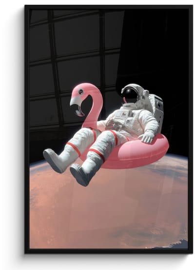 Poster in lijst - Fotolijst 80x120 cm - Posters - Astronaut - Flamingo - Zwemband - Roze - Posterlijst zwart - Decoratie - Wanddecoratie woonkamer - Muurdecoratie slaapkamer